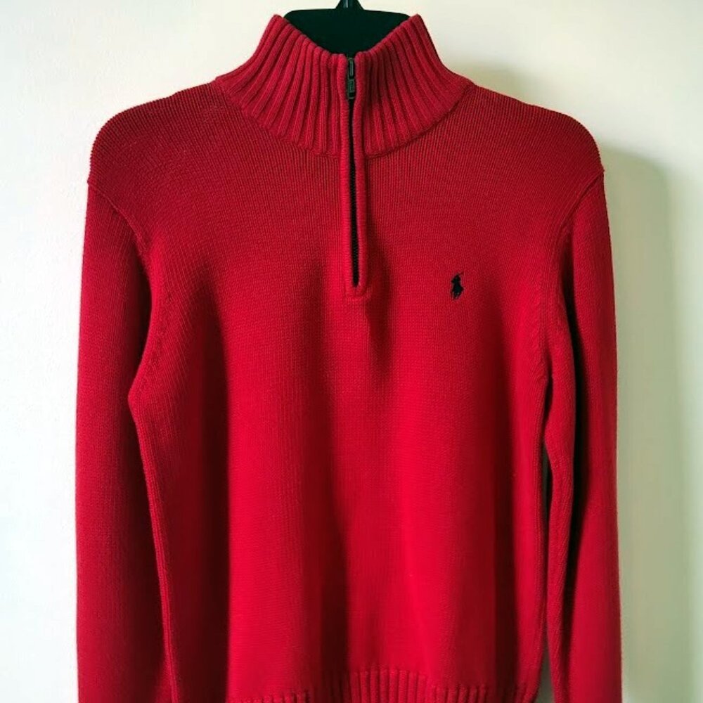 Ralph Lauren Polo Boy's Red Mock Neck 1/4 Zip Pullover Cotton Sweater - Medium